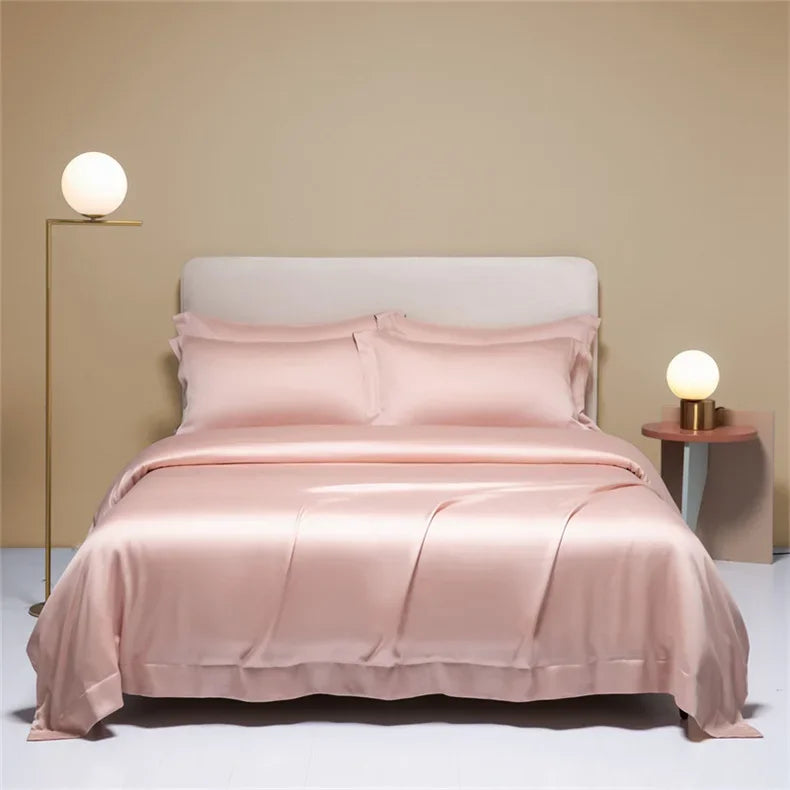 Natural Mulberry silk duvet cover in solid color, shown with smooth fabric, available in single, double, and king sizes.