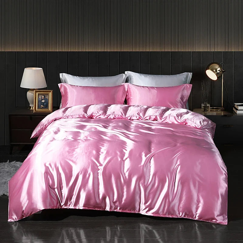 Luxury satin bedding set with fitted sheet and duvet cover from MC THE BLACK DIAMOND, showcasing smooth, elegant home decor.