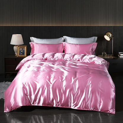 Luxury satin bedding set with fitted sheet and duvet cover from MC THE BLACK DIAMOND, showcasing smooth, elegant home decor.