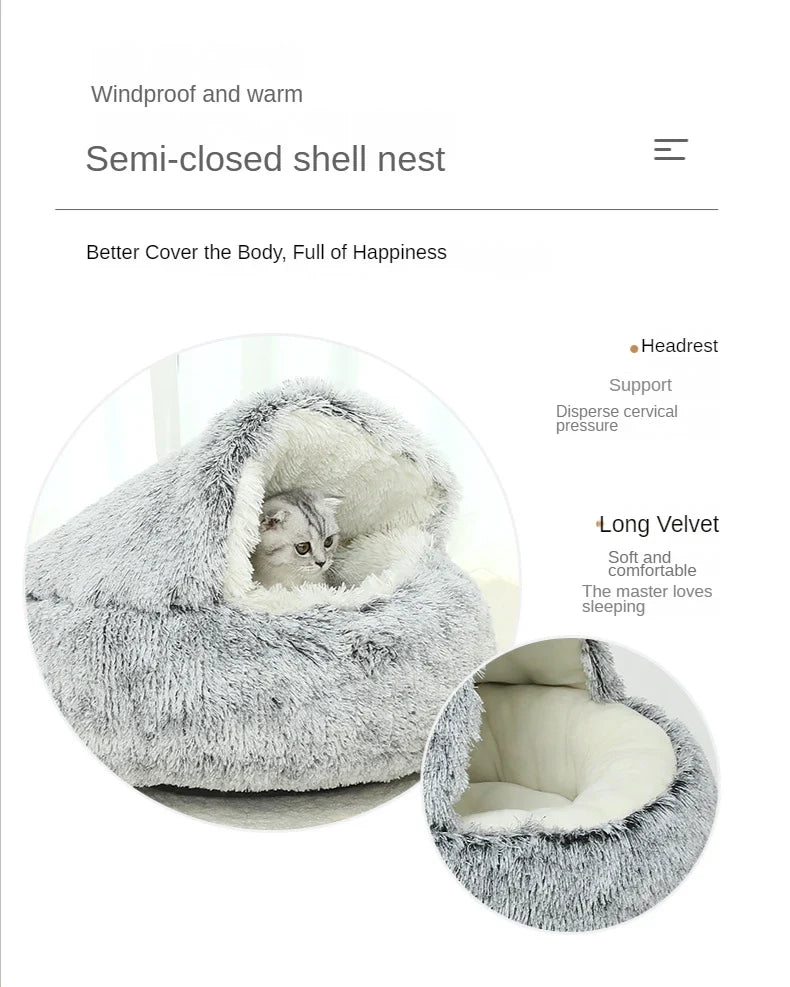 MC THE BLACK DIAMOND cat house winter plush cozy round bed with thick cushion, perfect for small cats and kittens to sleep comfortably.