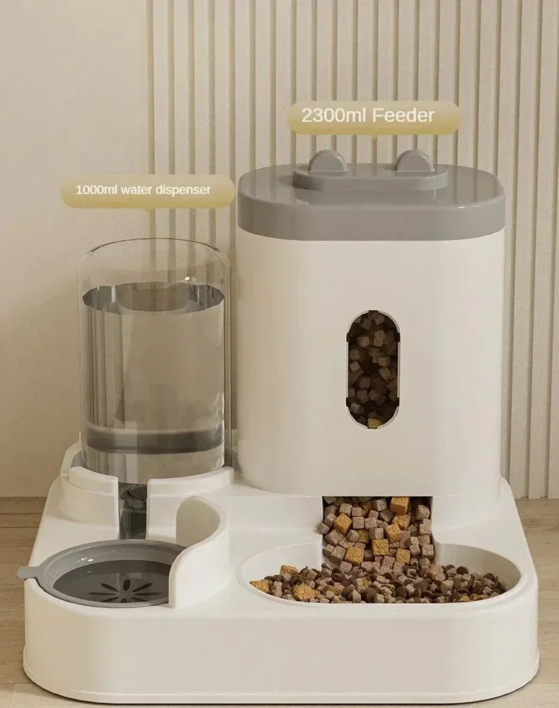 Automatic pet feeder with water fountain by MC THE BLACK DIAMOND, featuring a food bowl and water dispenser for pets.