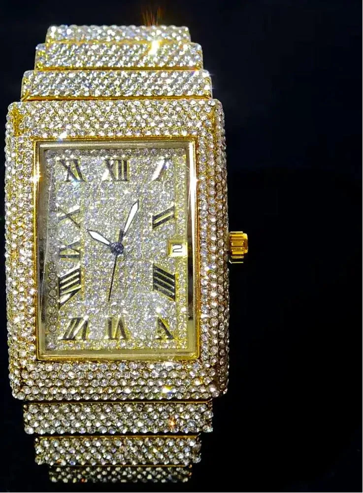Luxury Gold Ice Watch for men by MC THE BLACK DIAMOND featuring a diamond-encrusted rectangular quartz design.