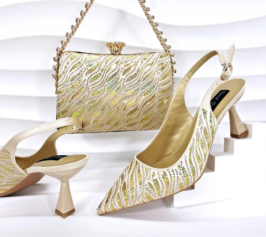 Nigerian style women heels by MC THE BLACK DIAMOND featuring pointed toes, shiny clutch bags, and elegant stiletto design.