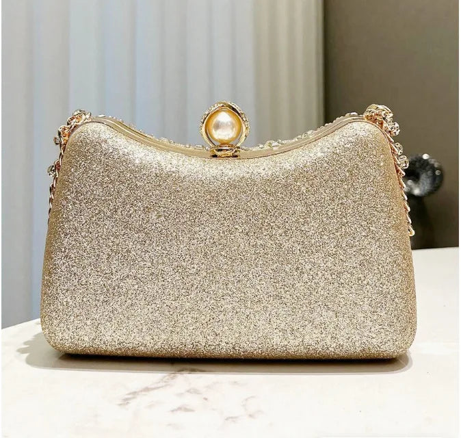 MC THE BLACK DIAMOND rhinestone evening clutch bag with gold and silver accents, featuring a retro luxury design for women’s weddings and parties.
