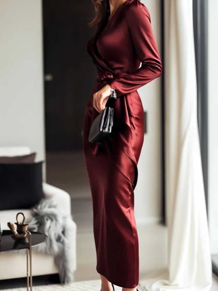Long sleeve v-neck gown with waist belt, ankle-length dress by 𝕄𝕔 𝕋𝕙𝕖 𝔹𝕝𝕒𝕔𝕜 𝔻𝕚𝕒𝕞�
