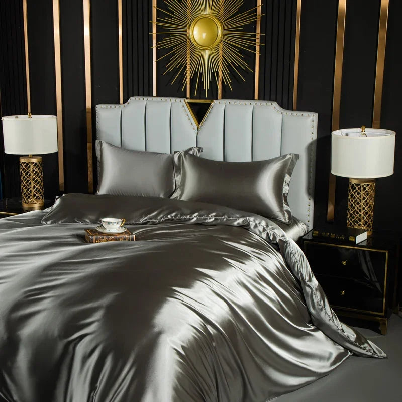 Luxury MC The Black Diamonds solid silk bedding set with duvet cover, flat and fitted sheets, and pillowcases in king and queen sizes.