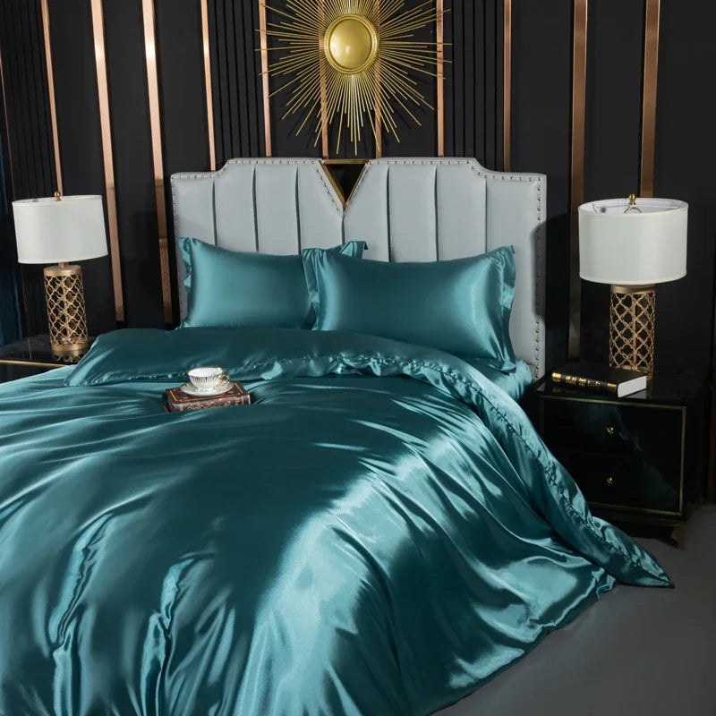 Luxury silk bedding set with duvet cover, fitted sheet, flat sheet, and pillowcases from 𝕄𝕔 𝕋𝕙𝕖 𝔹𝕝𝕒𝕔𝕜 𝔻𝕚�