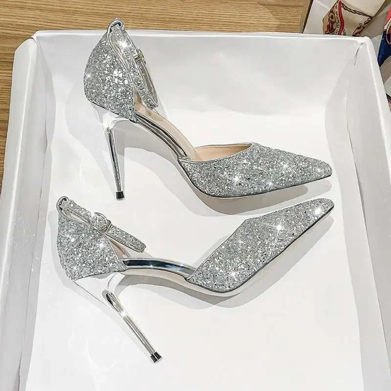 MC THE BLACK DIAMOND French style sequin pointed toe heels with single strap, hollow out design, perfect for spring and autumn fashion.