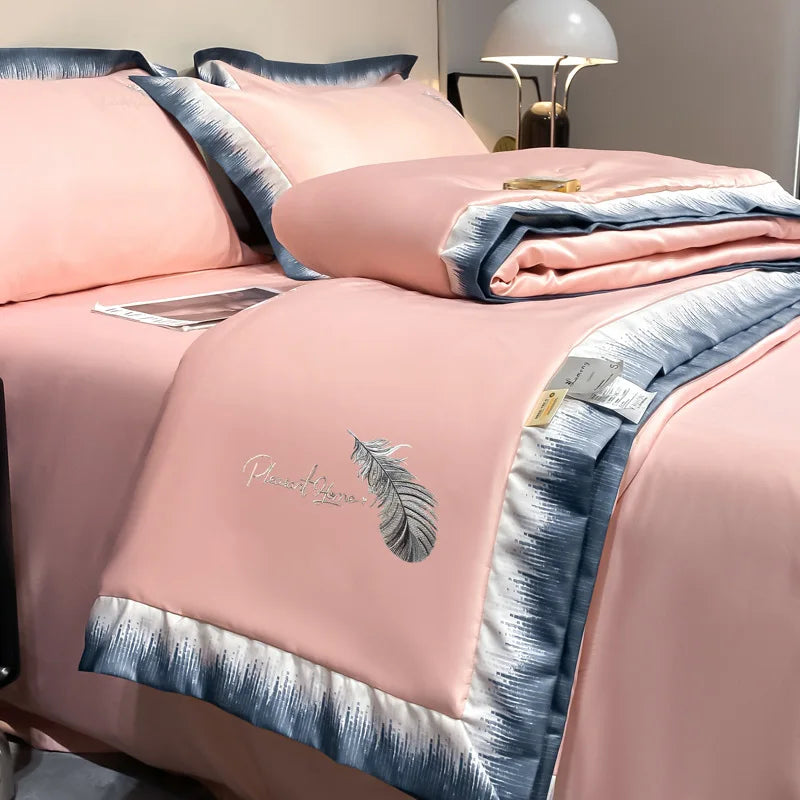 Feather embroidered summer blanket from MC The Black Diamonds, lightweight, soft duvet perfect for air-conditioned rooms.