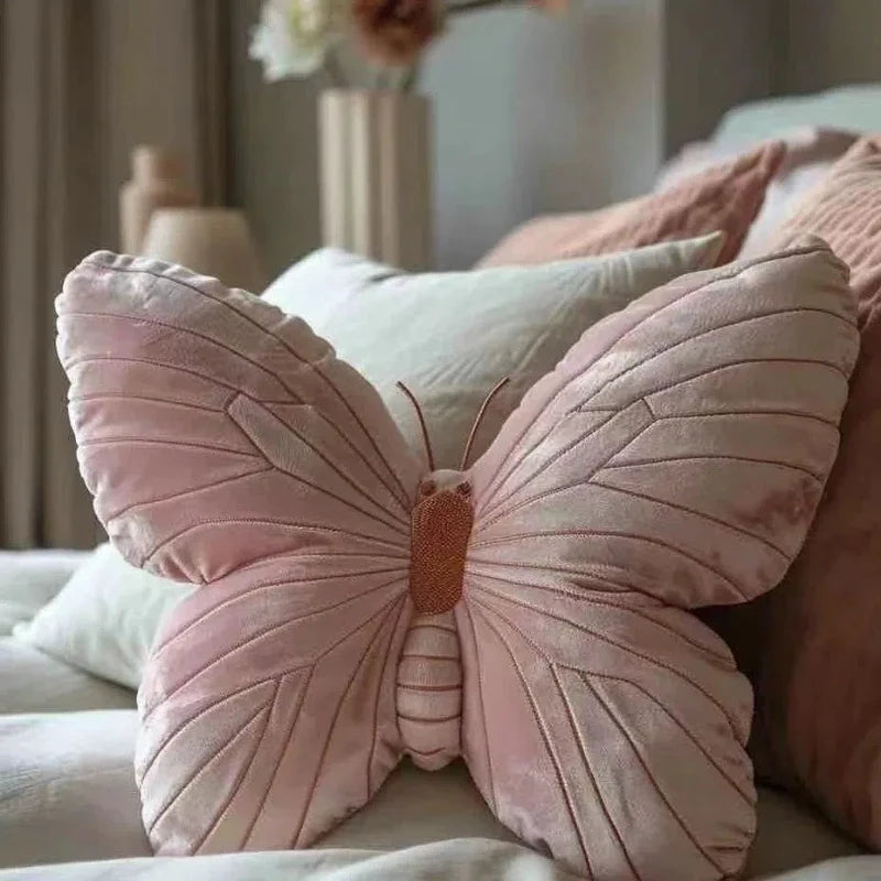 Pink butterfly cushion throw pillow by MC THE BLACK DIAMOND, decorative home decor with vibrant butterfly design.