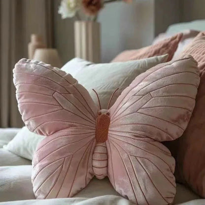 Pink butterfly cushion throw pillow by MC THE BLACK DIAMOND, decorative home decor with vibrant butterfly design.