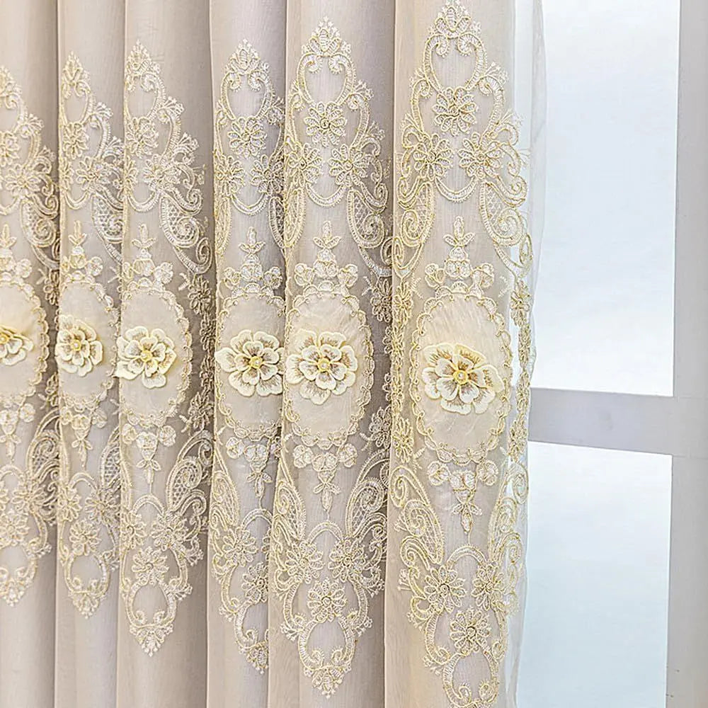 Beige European 3D embroidered double layer curtains with valance for living room or bedroom, 51x84 inches, by MC THE BLACK DIAMOND.