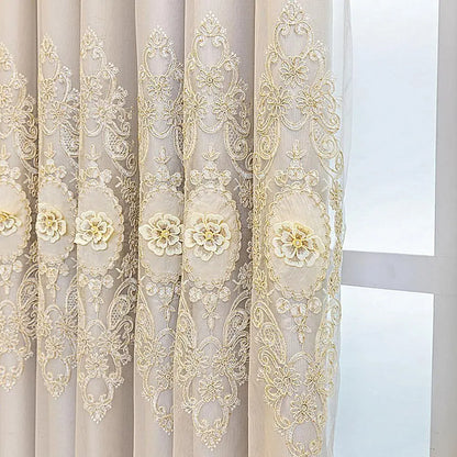 Beige European 3D embroidered double layer curtains with valance for living room or bedroom, 51x84 inches, by MC THE BLACK DIAMOND.