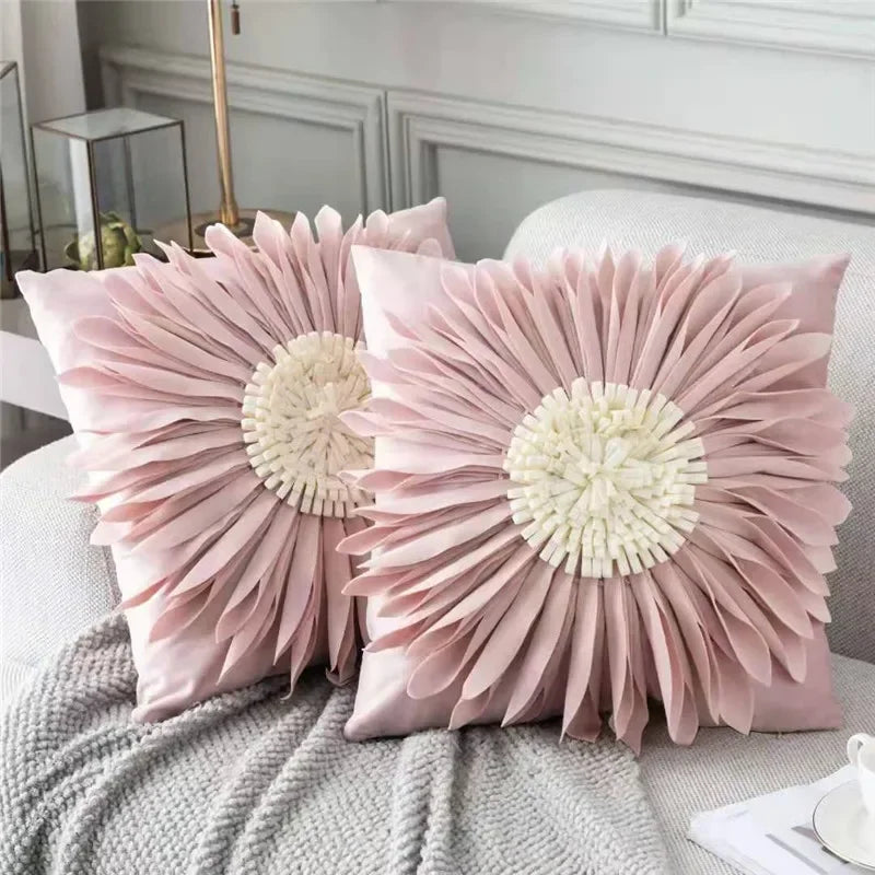 Modern pink and white velvet throw pillow with 3D chrysanthemum stitching, 45x45cm cushion case for home decor by MC THE BLACK DIAMOND