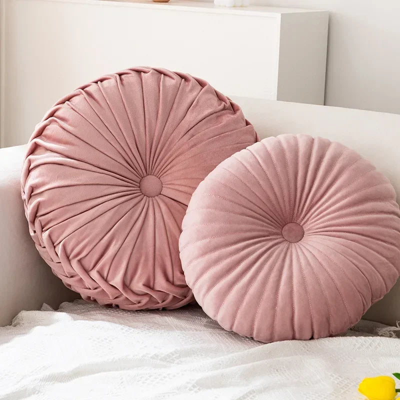 Pink round pumpkin pillow by MC THE BLACK DIAMOND, soft seat cushion and waist pillow for living room sofa decor.
