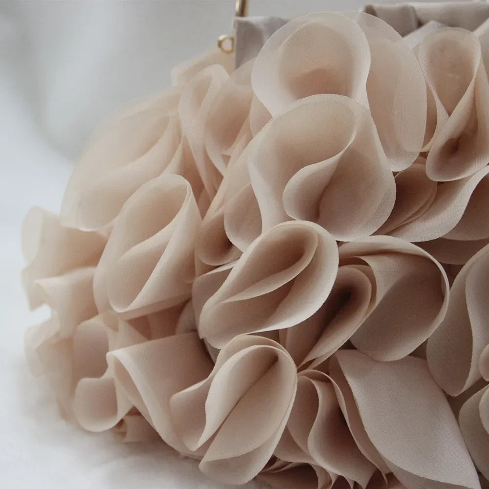 Luxury satin floral bride clutch bag by MC THE BLACK DIAMOND featuring a small designer evening purse with a shoulder chain for women.