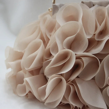 Luxury satin floral bride clutch bag by MC THE BLACK DIAMOND featuring a small designer evening purse with a shoulder chain for women.