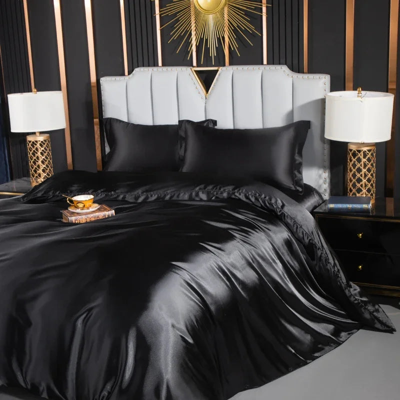 Luxury solid silk bedding set with duvet cover, fitted sheet, flat sheet, and pillowcases from 𝕄𝕔 𝕋𝕙𝕖 𝔹𝕝𝕒𝕔𝕜 𝔻𝕚�