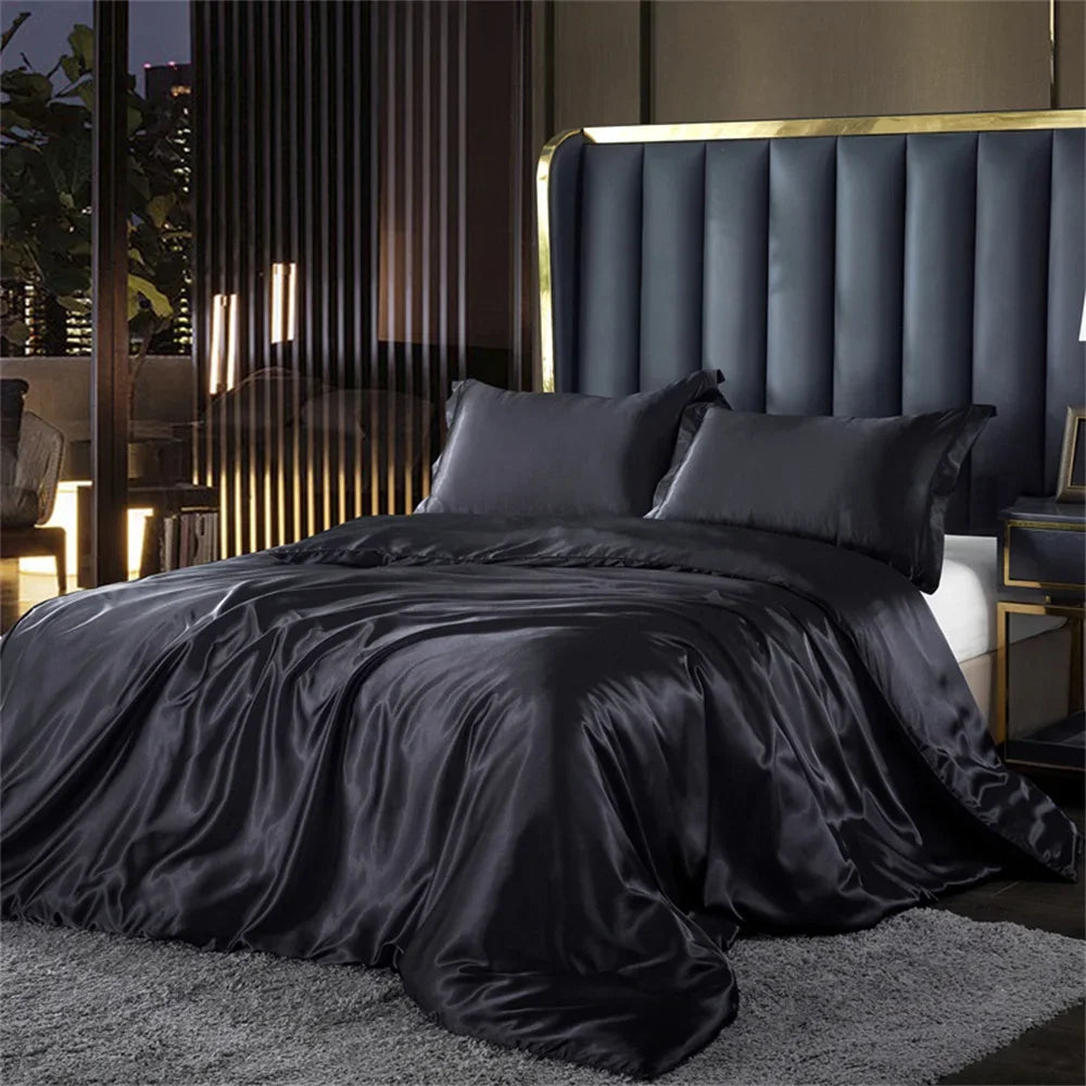 Luxury MC THE BLACK DIAMOND solid silk bedding set with duvet cover, bed sheet, and pillowcases in twin, double, queen, and king sizes.