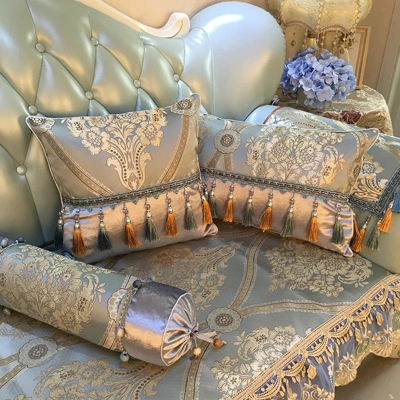 European luxury Jacquard tassel lace sofa pillow cushion cover with decorative tassels and ornate design, perfect for elegant home decor.