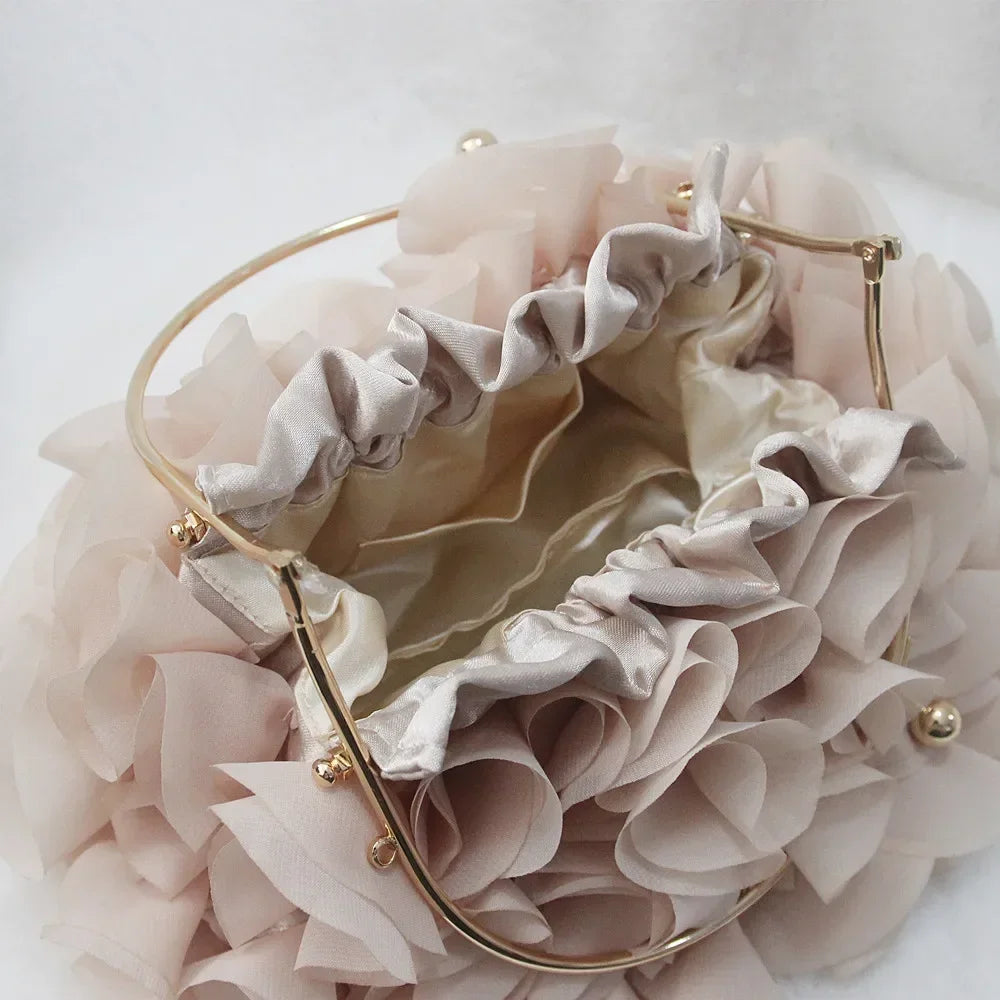 Luxury satin floral bride evening clutch bag by MC THE BLACK DIAMOND, small shoulder chain purse with floral design for women.