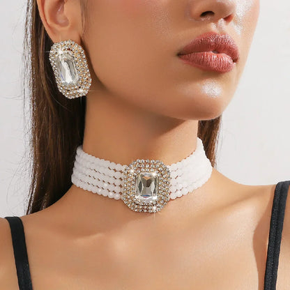 MC THE BLACK DIAMOND multilevel champagne red, white, black crystal necklace and geometric square earrings set for women’s wedding jewelry