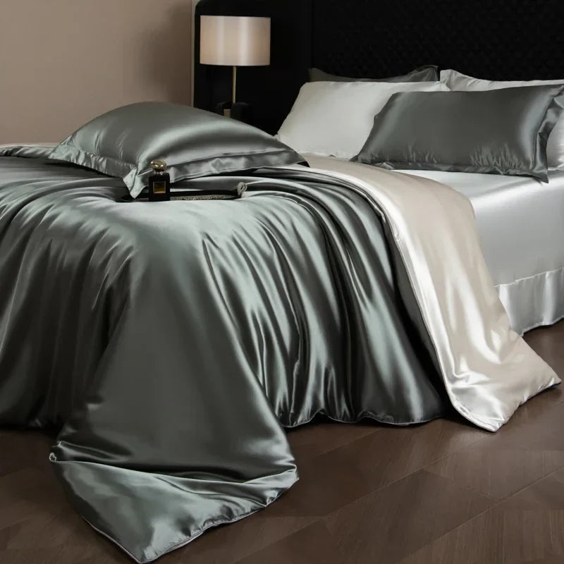 Luxury Silk Bed Sheets Set with duvet cover, fitted and flat sheets, and pillowcases from 𝕄𝕔 𝕋𝕙𝕖 𝔹𝕝𝕒𝕔𝕜 𝔻𝕚�
