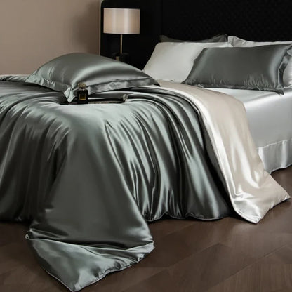 Luxury Silk Bed Sheets Set with duvet cover, fitted and flat sheets, and pillowcases from 𝕄𝕔 𝕋𝕙𝕖 𝔹𝕝𝕒𝕔𝕜 𝔻𝕚�