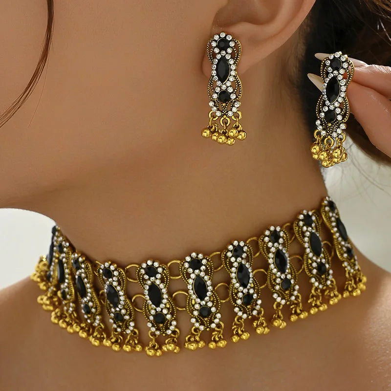 Colorful vintage ethnic crystal stone necklace and earrings set by MC THE BLACK DIAMOND, featuring inlaid stones for daily or party wear.