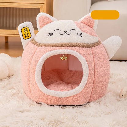 MC THE BLACK DIAMOND Lucky Fortune Cat Pet Bed, winter warm semil cave-style bed for cats, cozy and comfortable pet sleeping space