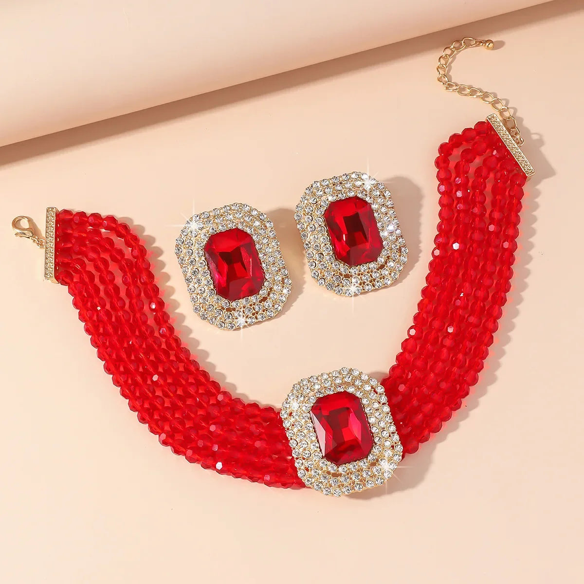 Crystal necklace with geometric square pendant and pearl earrings, elegant jewelry set by 𝕄𝕮 𝕋𝕙𝕖 𝔹𝕝𝕒𝕔𝕜 𝔻𝕚𝕒𝕞