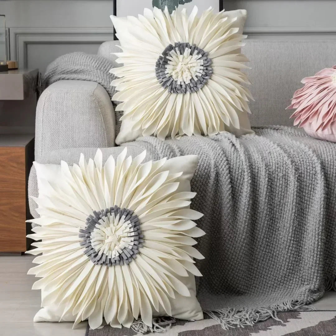 Pink and white velvet throw pillow with 3D chrysanthemum embroidery, 45x45cm, featuring stitching and a blue cushion case.