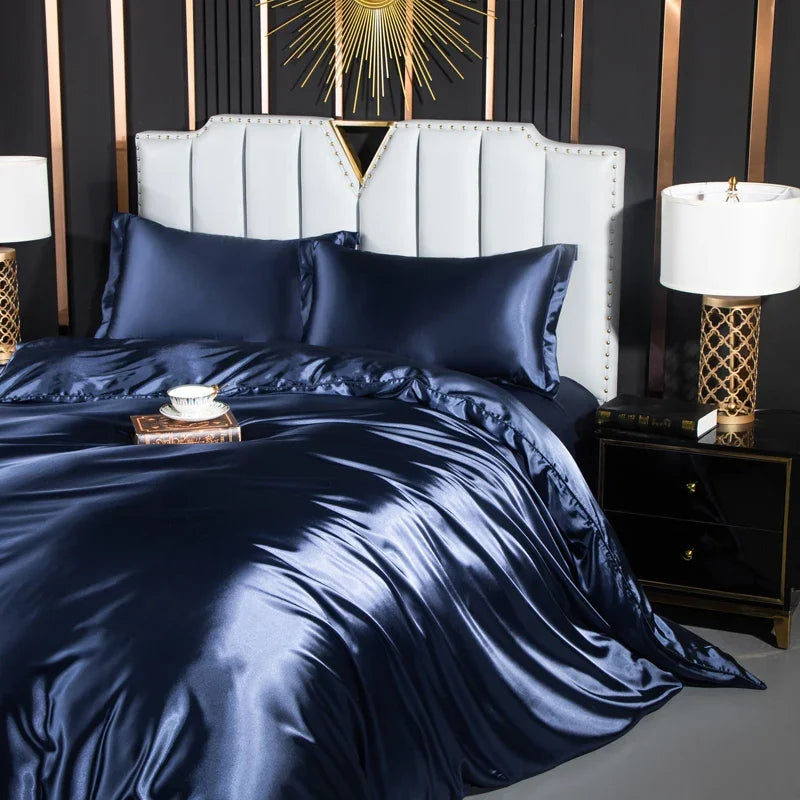Luxury solid silk bedding set with duvet cover, fitted sheet, flat sheet, and pillowcases by 𝕄𝕔 𝕋𝕙𝕖 𝔹𝕝𝕒𝕔𝕜 𝔻𝕚�