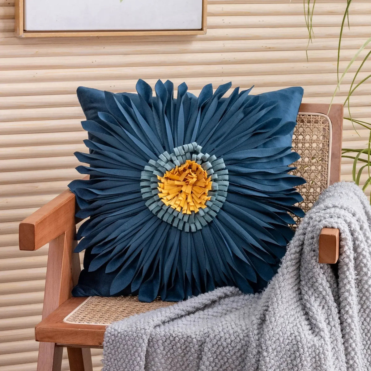 Modern pink and white velvet throw pillow with 3D chrysanthemum stitching, 45x45cm, designed for home decor by MC THE BLACK DIAMOND.