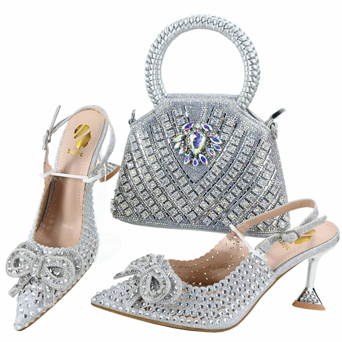 Elegant Italian leather heels and matching stone-embellished handbags from Mohammad Collection for evening parties.