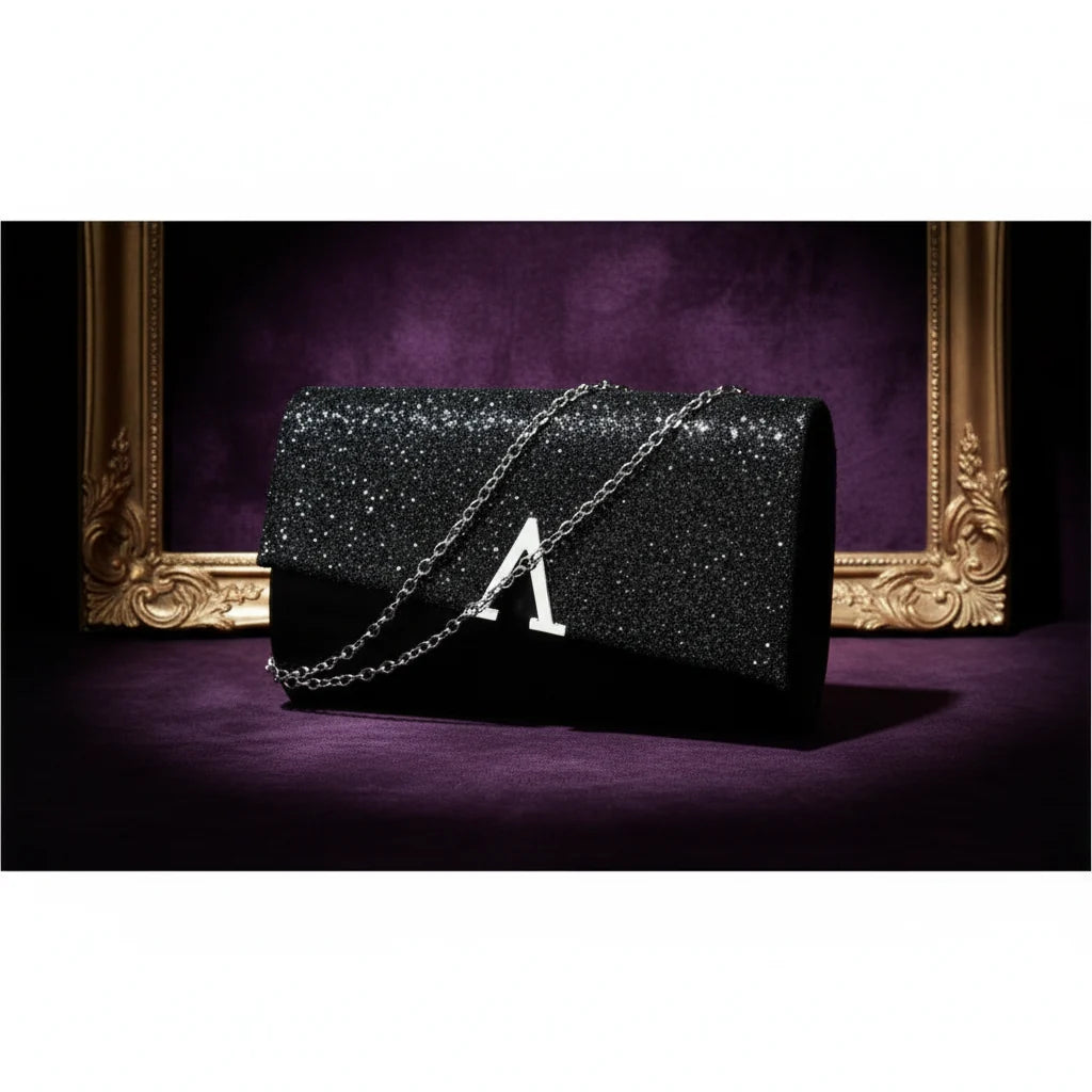 Metal chain glamorous evening handbag by MC The Black Diamonds featuring a sleek design and elegant black material.