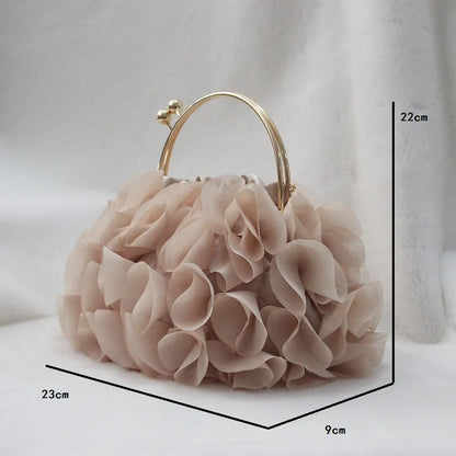 Luxury satin floral clutch bag for women, MC THE BLACK DIAMOND evening purse with shoulder chain, ideal for weddings and parties.