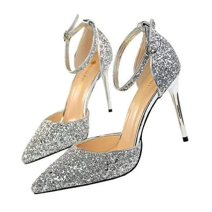 MC THE BLACK DIAMOND French style sequin high heels with hollow out design, pointed toe, single strap, perfect for spring and autumn fashion.