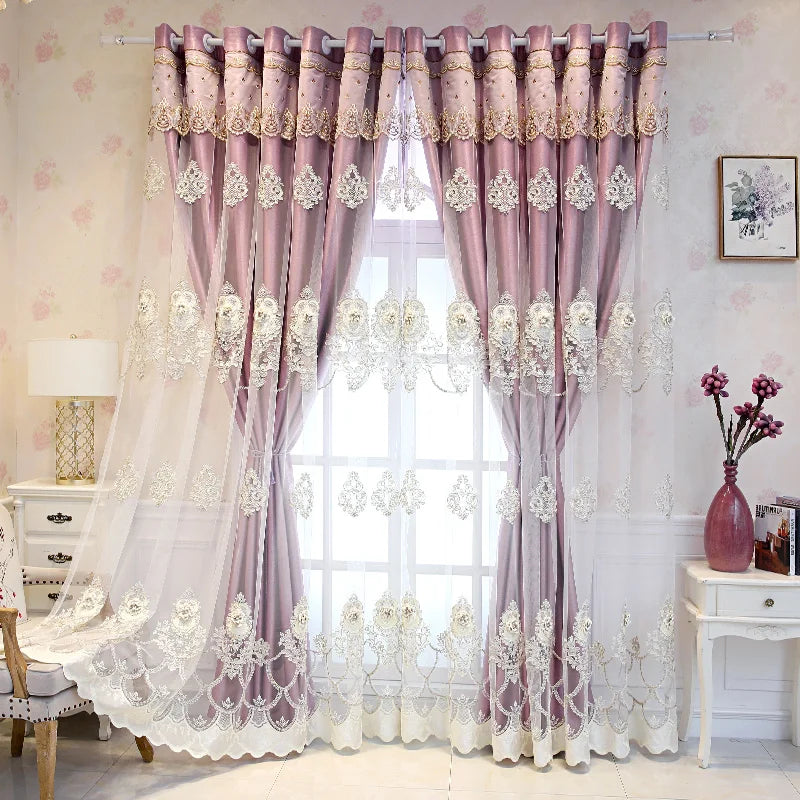 Elegant double-layer black blackout curtains with embossed base and 3D embroidered details, suitable for bedroom or living room decor.