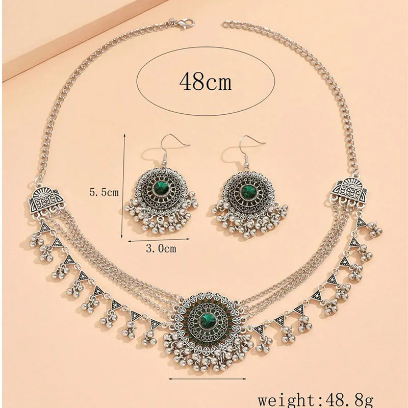 MC THE BLACK DIAMOND rhinestone jewelry set with multilayer necklace and tassel earrings featuring metal beads and statement collar design.