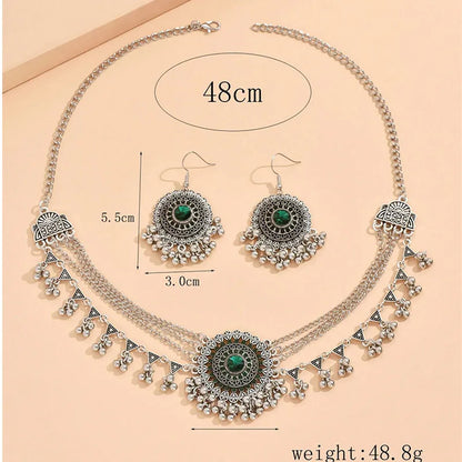 MC THE BLACK DIAMOND rhinestone jewelry set with multilayer necklace and tassel earrings featuring metal beads and statement collar design.