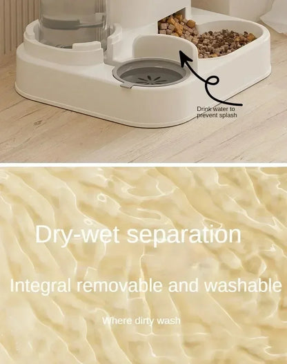 Automatic pet feeder with water fountain by MC THE BLACK DIAMOND, featuring a food bowl and water dispensing system for pets.