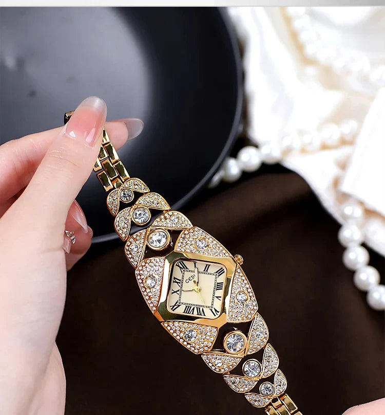 Women’s luxury bracelet watch by MC The Black Diamond with diamond inlays, elegant design, and a sleek watch face.
