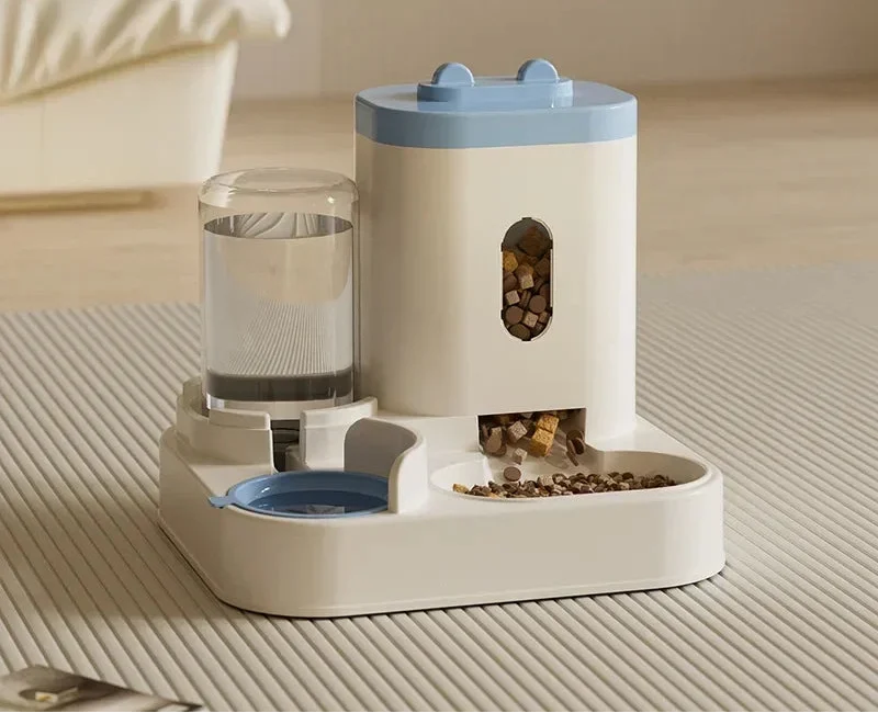 Automatic pet food and water bowl by MC THE BLACK DIAMOND, featuring a water fountain and feeder for pets.