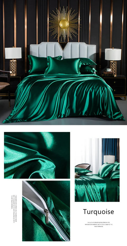 Luxurious solid silk bedding set with duvet cover, fitted sheet, pillowcases, and flat sheet from 𝕄𝕔 𝕋𝕙𝕖 𝔹𝕝𝕒𝕔𝕜 𝔻𝕚