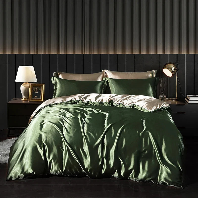 Luxury satin bedding set with fitted sheet and duvet cover from MC THE BLACK DIAMOND, featuring smooth, elegant home decor fabric.