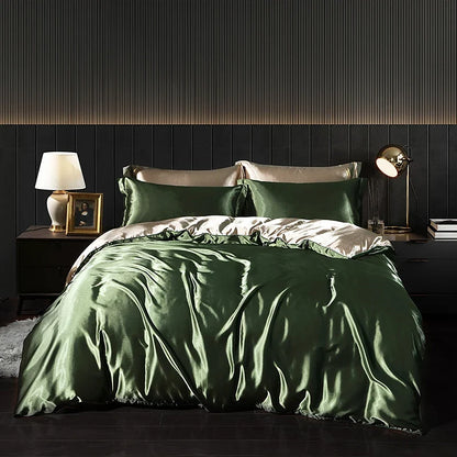 Luxury satin bedding set with fitted sheet and duvet cover from MC THE BLACK DIAMOND, featuring smooth, elegant home decor fabric.