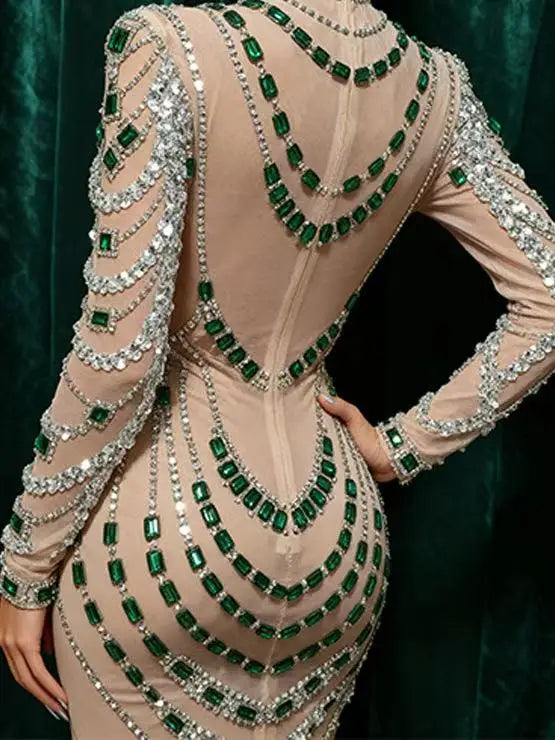 MC Women transparent rhinestones bodycon dress by MC THE BLACK DIAMOND, showcasing the fitted design with sparkling rhinestone details.