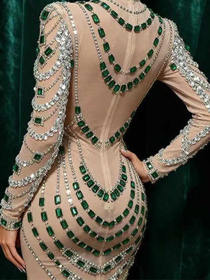 MC Women transparent rhinestones bodycon dress by MC THE BLACK DIAMOND, showcasing the fitted design with sparkling rhinestone details.