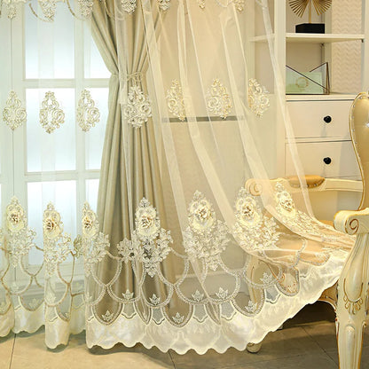 Elegant black double-layer curtains with embossed base and 3D embroidery, ideal for bedroom or living room decor.